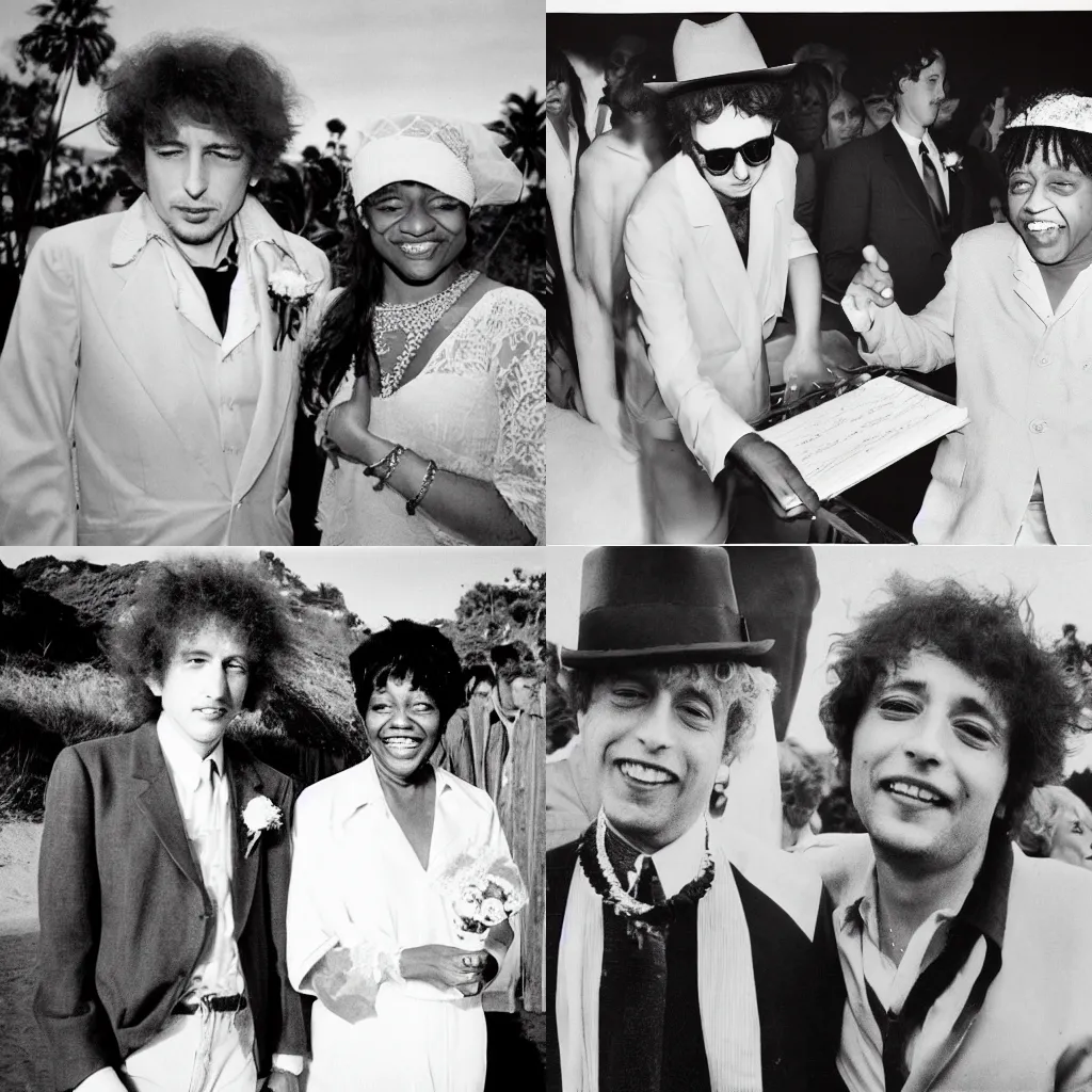 Prompt: the malibu beach wedding of Bob Dylan and Moms Mabley, photograph by Linda Eastman