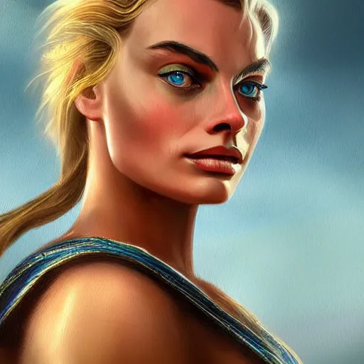 Prompt: margot robbie as a beautiful greek god, highly detailed, detailed face, digital art, trending on artstation