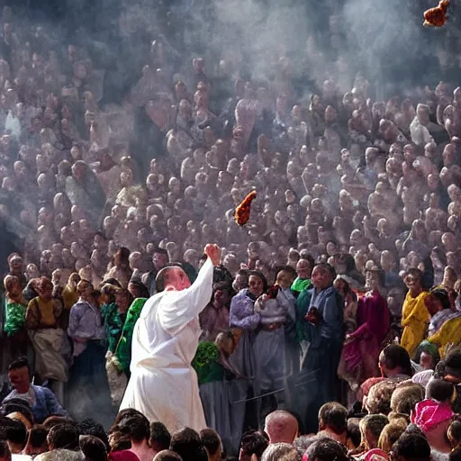 Prompt: a high detail photograph, a priest throwing burning hens to the crowd during an easter mass,, award winning photograph