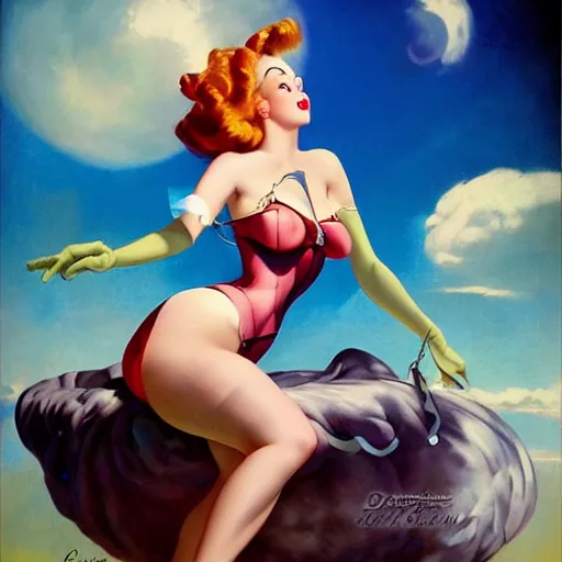 Image similar to a pinup by gil elvgren and anna dittmann.