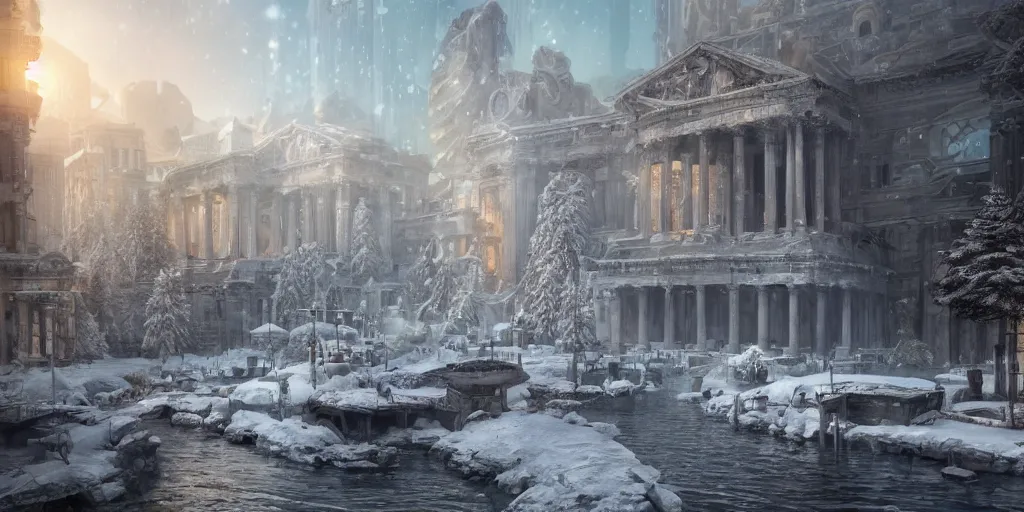 Prompt: hyperrealistic concept art of a very beautiful underwater winter cityscape of ancient greek, christmas in underwater ancient athens city, stunning massive ornately 3d render inspired art by Renato muccillo and Andreas Rocha and Johanna Rupprecht + symmetry + natural volumetric lighting, 8k octane beautifully detailed render, post-processing, highly detailed, intricate complexity, epic composition, magical atmosphere, cinematic lighting + masterpiece, trending on artstation