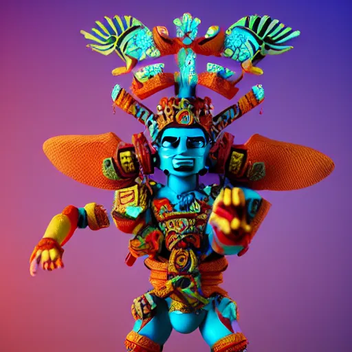 Image similar to closeup 3 d toy aztec gods as funco toy, plastic, sss, octane 4 k render, studio lighting, artstation, cyan photographic backdrop, 8 5 mm, f 2. 8 aperture