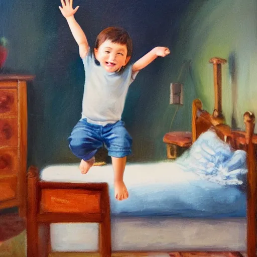 Prompt: a beautiful oil painting of a little boy jumping on his bed, storybook style