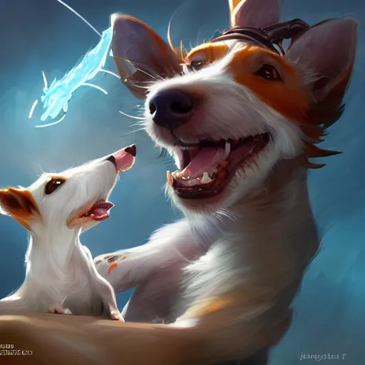 Image similar to adorable jack russel terrier laughing, fantasy art, artstation character design contest winner, trending on cgsociety, concept art, speedpaint, beautiful digital art, jesper ejsing, james jean, justin gerard, fenghua zhong, makoto shinkai, highly detailed