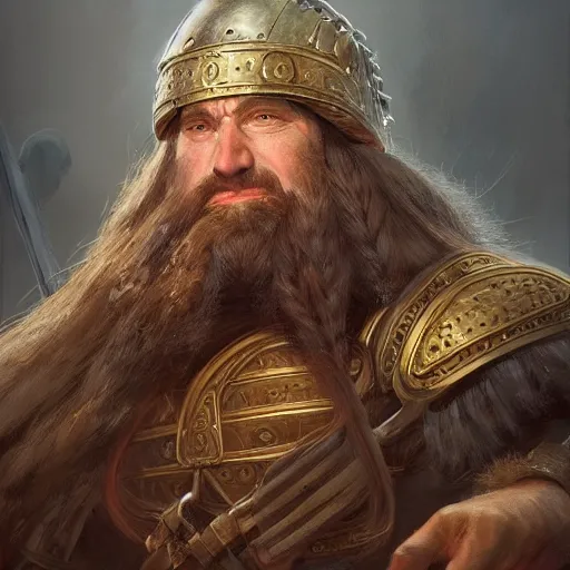 Prompt: a detailed portrait of a long beard holy dwarf cleric with a long braided beard holding a giant shield, wearing a war - helmet, by justin gerard and greg rutkowski, digital art, realistic painting, dnd, character design, trending on artstation