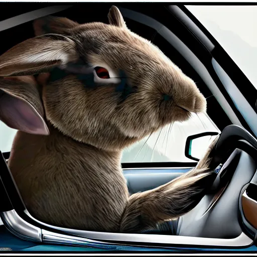 Image similar to a rabbit driving a car from inside, digital art, highly detailed, high contrast, beautiful lighting, award winning, trending on art station, photorealistic, 8 k,