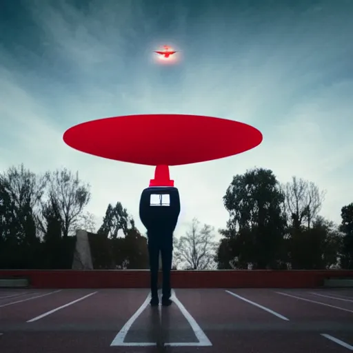 Image similar to Red-Square-Shaped UFO Spaceship Above a Man standing