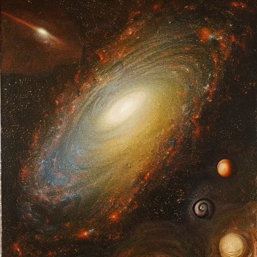 Image similar to a painting of galaxies colliding by Leonardo Da Vinci