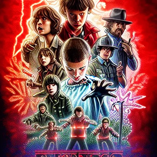 prompthunt: Stranger Things Season 5 Poster, high resolution, hyper  detailed, intricate, photorealistic, all cast members, netfilx !n-9