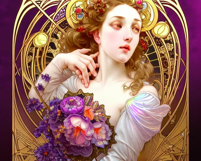 Image similar to overlord, rococo and art nouveau fusion, iridescent diaphanous refractive and reflective flower bouquet, tarot card, highly detailed, deep focus, elegant, digital painting, smooth, sharp focus, illustration, ultra realistic, 8 k, art by artgerm and alphonse mucha