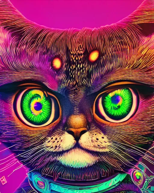 Image similar to psychedelic 6 0 s portrait of funny giant cute eyes kitten, intricate abstract. intricate artwork, by tooth wu, wlop, beeple, dan mumford. concept art, octane render, trending on artstation, greg rutkowski very coherent symmetrical artwork. cinematic, key art, hyper realism, high detail, octane render, 8 k, iridescent accents