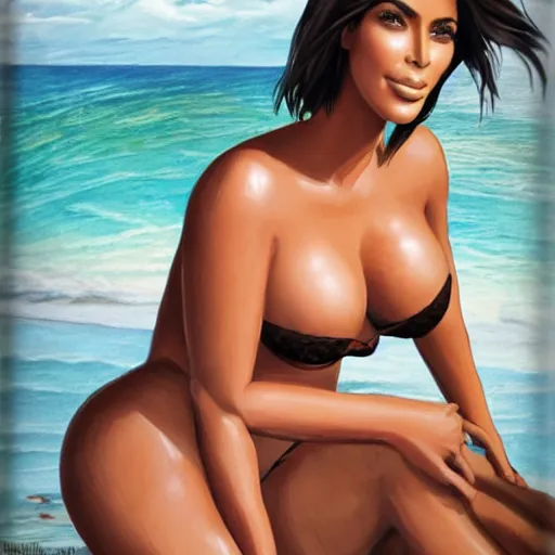 Image similar to kim kardashian in linguire next to the beach, looking at camera while posing, wet clothes, realistic shading, fine details, realistic shaded lighting poster, g cup size, dslr