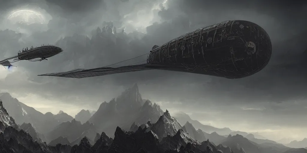 Prompt: a highly detailed matte painting of a golden age dirigible shuttle flying over the mountains, ominous, foreboding, dark, trending on artstation,