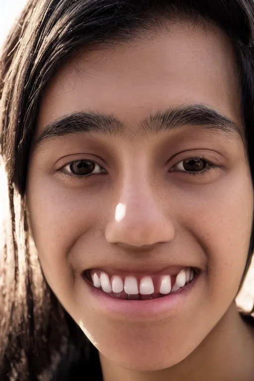 Prompt: close up headshot of an androgynous Hispanic teen with medium length slightly wavy black hair a wide smile brown eyes a small nose tidy plucked eyebrows dark brown eyes and a diamond shaped face, high resolution film still, 8k, HDR color, gazing dark brown eyes, high cheek bones, trimmed eyebrows