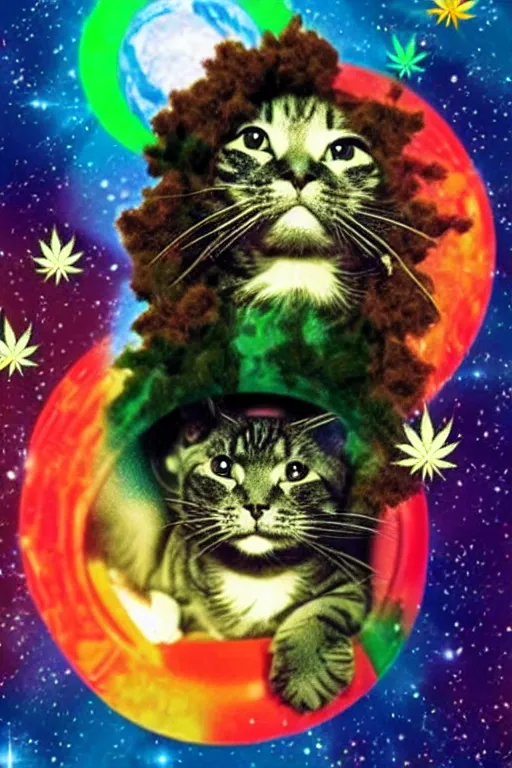 Image similar to A Bob Marley cat floating in space with cannabis