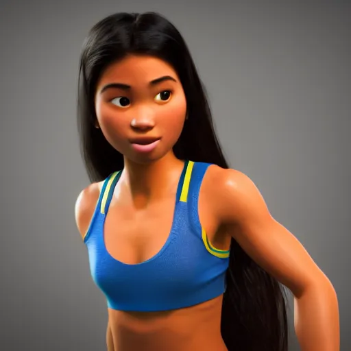 Image similar to young beautiful athletic Filipino woman with long hair posing, depicted as a Pixar character, high quality cg render, 4k