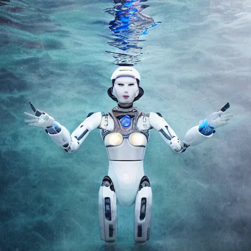 Image similar to beautiful centered fine art photo portrait of hoyeon jung as a solarpunk robotic humanoid treading on water, white mechanical parts with led lights, ultra - detailed and intricate, sun lighting, soft focus, slow exposure hdr 8 k