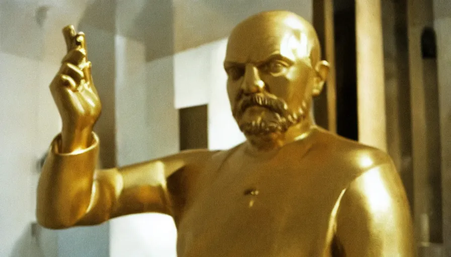 Prompt: movie still by tarkovsky portrait of a gold statue of lenin in the bathroom, cinestill 8 0 0 t 3 5 mm, heavy grain, high quality, high detail