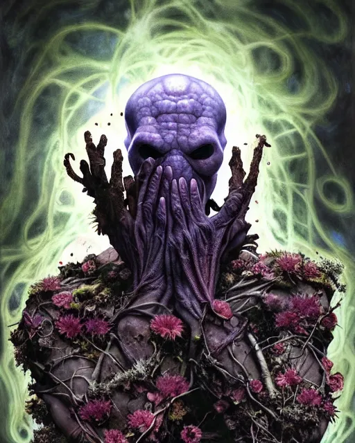 Image similar to the platonic ideal of flowers, rotting, moss, insects, pearls and praying of cletus kasady ultimate carnage thanos dementor doctor manhattan chtulu nazgul davinci, detailed, intricate, hyperrealism, cinematic composition, intense, scary, decay, dmt, art by brock hofer and artgerm and greg rutkowski and alphonse mucha