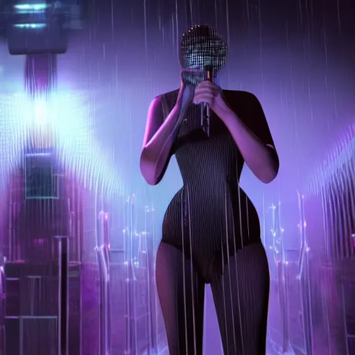 Prompt: beautiful android woman singing on stage in dimly lit nightclub, twilight zone, blade runner, dark city, sim city