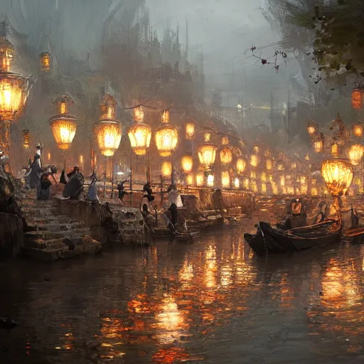 Image similar to concept art, river lanterns on the eve of ullambana festival, by james gurney, greg rutkowski, john howe, artstation