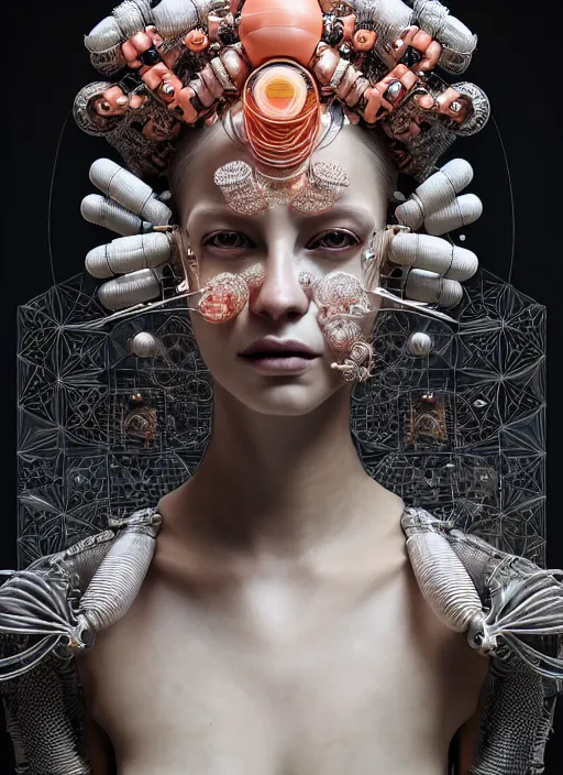 Prompt: portrait of an absurdly beautiful, graceful, sophisticated, fashionable cyberpunk mechanoid, hyperdetailed illustration by irakli nadar and vania zouravliov, matt wisniewski style, intricate linework, white porcelain skin, faberge, coral headdress, unreal engine 5 highly rendered, global illumination, radiant light, detailed and intricate environment