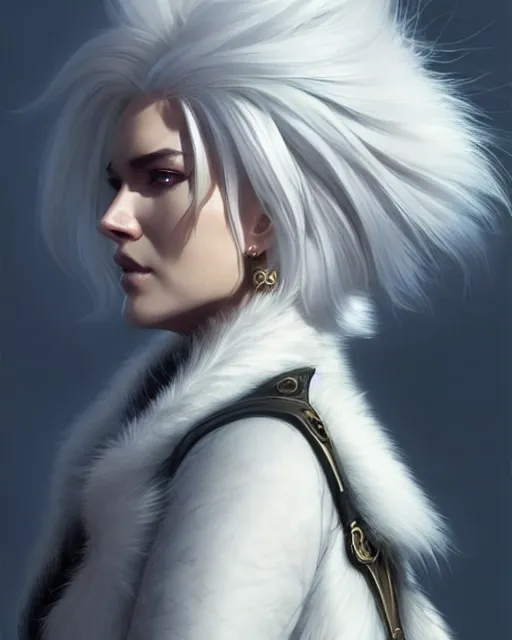 Image similar to dragon hunter wearing a fur - lined dragonhide jacket!!! beautiful and gorgeous elegant white haired female!! symmetry, character concept art, sharp focus, illustration, art by artgerm!! greg rutkowski magali villeneuve wlop!! ilya kuvshinov!! charlie bowater! octane render, unreal engine 5! highly rendered!!