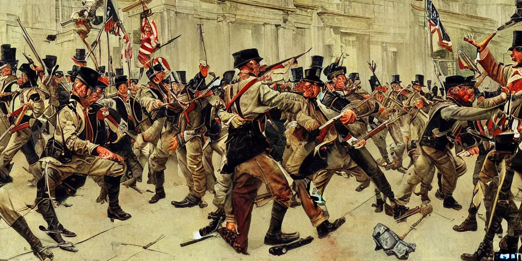 Image similar to detailed painting of the battle of new orleans with dancing soldiers by norman rockwell