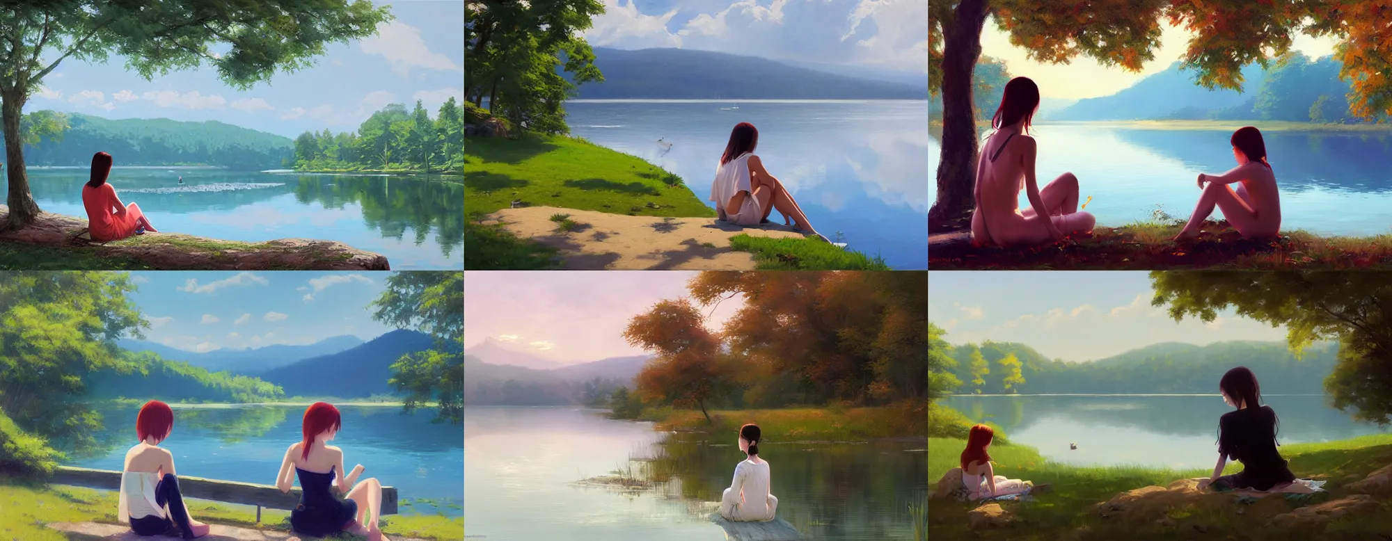 Prompt: A ultradetailed beautiful panting of heroine sitting by the lake, Oil painting, by Ilya Kuvshinov, Greg Rutkowski and Makoto Shinkai