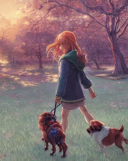 Image similar to a girl walking her small dog at the park, full shot, visible face, ambient lighting, detailed, art by ayami kojima, makoto shinkai, kilian eng