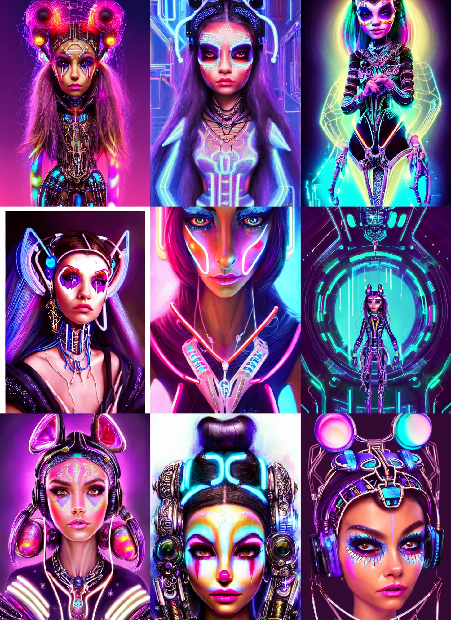 Prompt: disney weta portrait, stunning lustrous ivory candy raver clowncore madison beer aztec cyborg, earbuds, tron bling, sci - fi, fantasy, cyberpunk, intricate, decadent, highly detailed, digital painting, ever after high, octane render, artstation, concept art, smooth, sharp focus, illustration, art by artgerm, loish, wlop