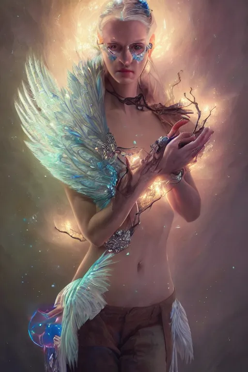 Prompt: beautiful model wearing crystal feathers, diamonds, angel, fantasy, dramatic lighting, highly detailed, digital painting, holding electricity, magic the gathering, hyper detailed, 3 d render, hyper realistic detailed portrait, peter mohrbacher, wlop, ruan jia