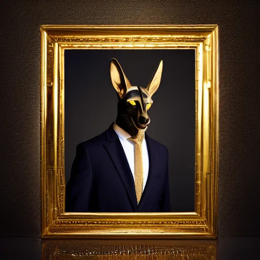 Image similar to portrait of the god Anubis wearing an office suit with a gold necklace, looking at the camera, black background, studio light