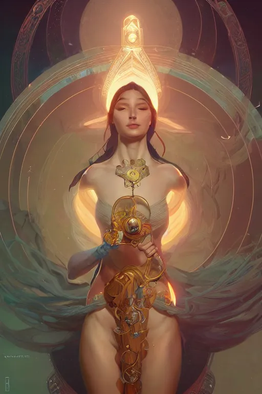 Image similar to goddess of space and time, accurate anatomy, only two hands, highly detailed, digital painting, artstation, concept art, smooth, sharp focus, illustration, Unreal Engine 5, 8K, art by Ross Tran and greg rutkowski and alphonse Mucha