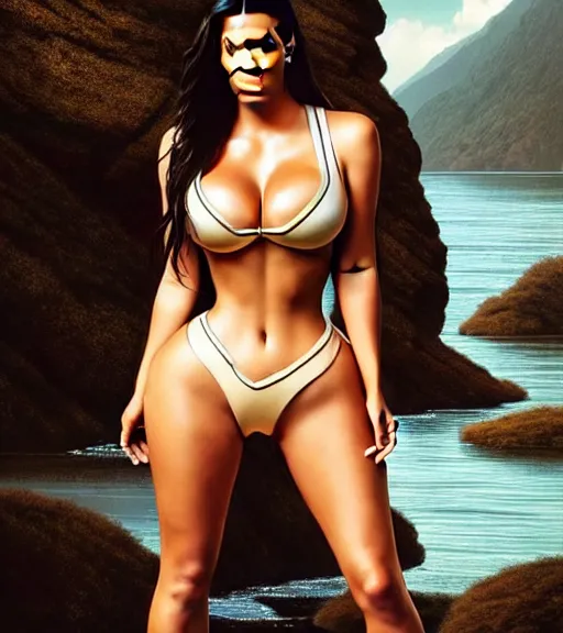 Image similar to professional photo of kim kardashian wearing a hooters outfit, posed by a lake, intricate, elegant, highly detailed, cinematic, instagram, sleek, smooth, sharp focus, illustration, by artgerm and greg rutkowski and alphonse mucha