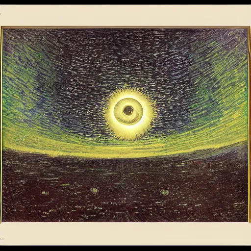 Image similar to stars, solar eclipse, looming over the earth, hdr, hq, painting by gustave dore and vincent van gogh