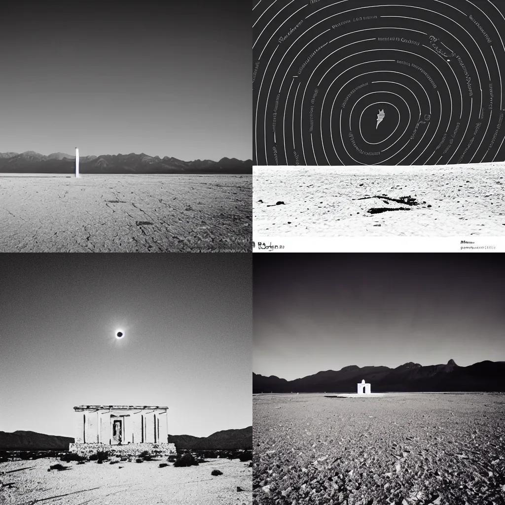 Prompt: eerie white pagan temple alone in a bleak desert, black sky!!!!!!, solar eclipse, there are blurry mountains in the background, monochrome