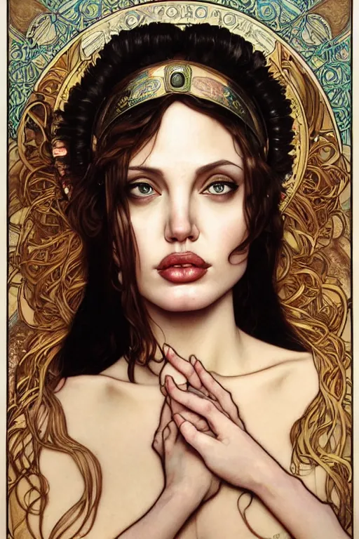 Prompt: realistic detailed face portrait of young Angelina Jolie as Cleopatra by Alphonse Mucha, Ayami Kojima, Amano, Charlie Bowater, Karol Bak, Greg Hildebrandt, Jean Delville, and Mark Brooks, Art Nouveau, Neo-Gothic, Surreality, gothic, rich deep moody colors