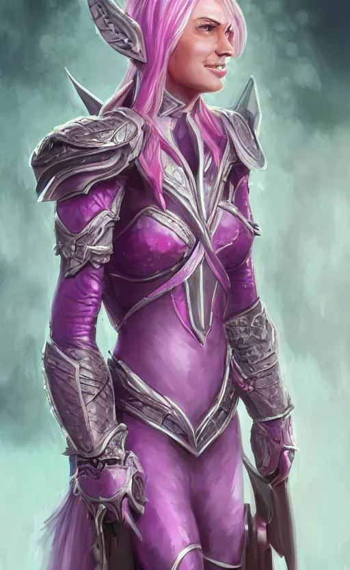 Prompt: a full body portrait of an elven woman with pink skin, and armor fit for a queen, wearing purple headphones, and smiling, dynamic lighting, photorealistic fantasy concept art, trending on art station, stunning visuals, creative, cinematic, ultra detailed