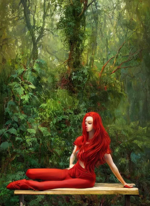 Image similar to full body portrait of a beautiful woman with fire red flowing hair, her pale body loosely clothed in vines, sitting on a bench, leaning backwards, dense foliage in the background, by Jeremy Mann, vivid colors, green hue, stylized, detailed, loose brush strokes