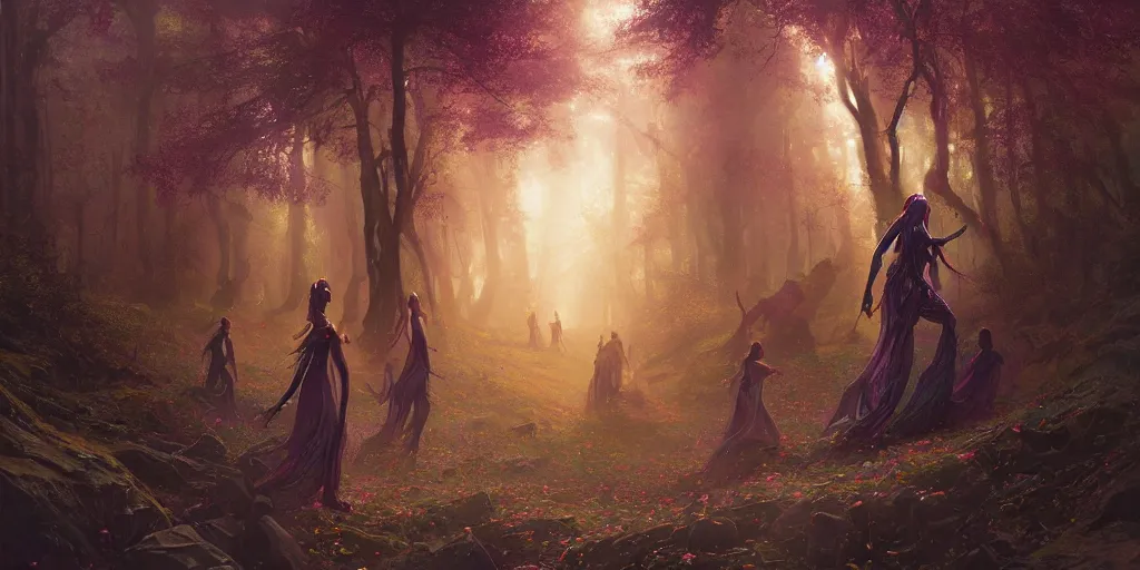 Image similar to a full body portrait of a beautiful elfin woman leading her people to the safety of a new forest of dreams, liminal space, cosmic color scheme, greg rutkowski