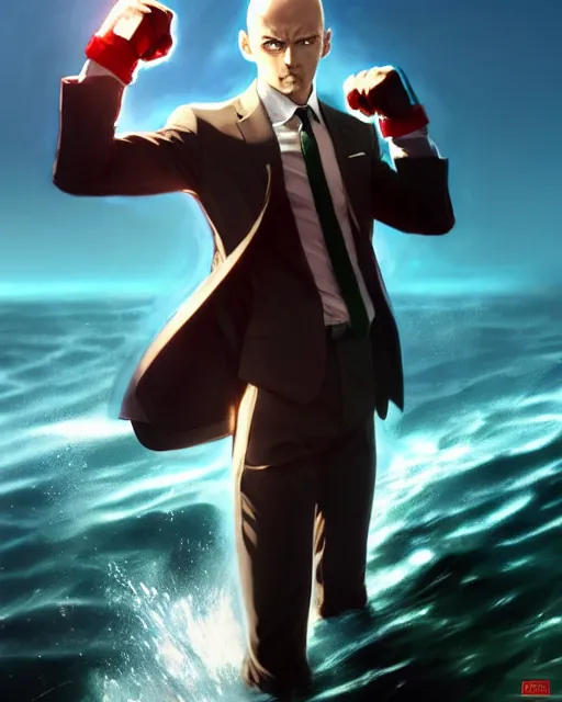 Prompt: gigachad luigi clenched fist punching like saitama wearing a suit in the ocean, fantasy character portrait, ultra realistic, anime key visual, concept art, intricate details, highly detailed by greg rutkowski, ilya kuvshinov, gaston bussiere, craig mullins, simon bisley