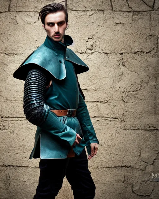 Prompt: an award - winning photo of an ancient male model wearing a plain baggy teal distressed medieval designer menswear dutch police jacket slightly inspired by medieval armour designed by raf simons, 4 k, studio lighting, wide angle lens