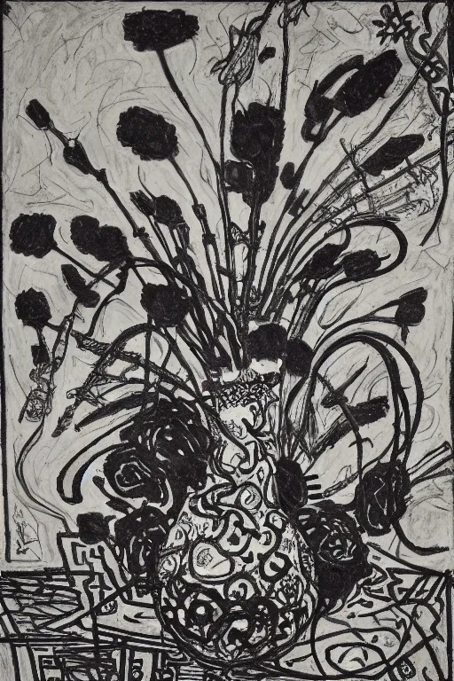 Prompt: a vase of black roses on a table with an ornate patterned tablecloth, in the style of yoshitaka amano, photorealistic, painted by wassily kandinsky and hr giger and georgia okeeffe, moody lighting, black and white charcoal illustration