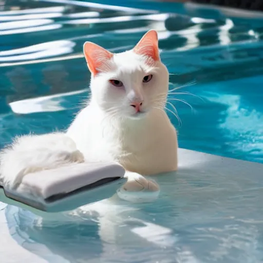 Prompt: white cat on a float in the pool