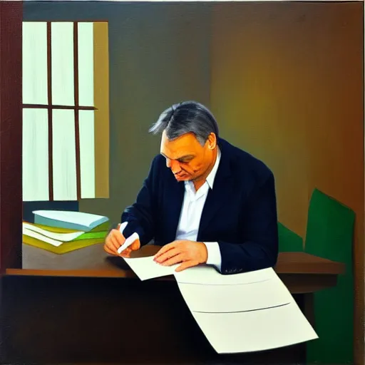 Image similar to viktor orban doing paperwork in a cubicle, oil painting