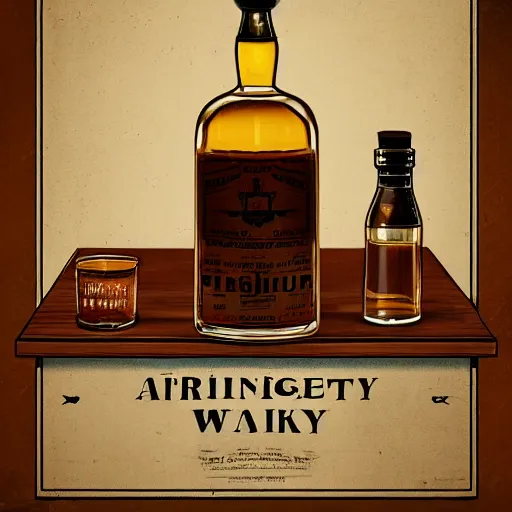 Prompt: an old vintage bottle of whisky on the shelf of a very vintage bar, trending on artstation