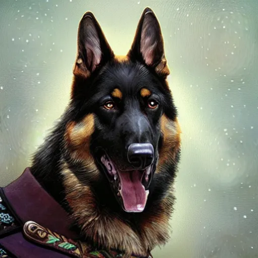 Image similar to german shepherd as odin, intricate, elegant, highly detailed, digital painting, artstation, concept art, matte, illustration, hearthstone, art by artgerm and greg rutkowski and alphonse mucha, simon stalenhag, hyperreal