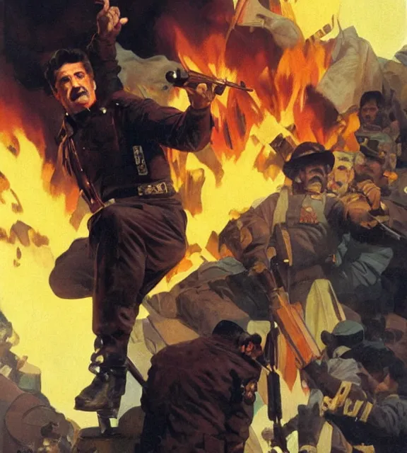 Image similar to sylvester stallone as stalin on fire,, cinematic, by greg rutowski, by greg rutkowski, by stanley artgerm, by alphonse mucha