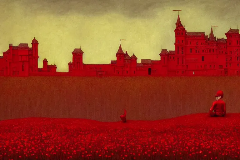 Image similar to only with red, red flowers of different types, red castle in background, red medieval goblins, in the style of beksinski, parts by edward hopper, parts by rodcenko, parts by yue minjun, intricate and epic composition, red by caravaggio, insanely quality, highly detailed, masterpiece, red light, artstation, 4 k